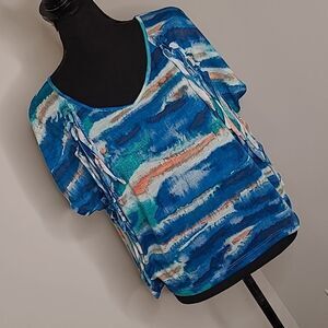 RED CAMEL self fringed tunic top in Caribbean colors,, green,blues orange colors